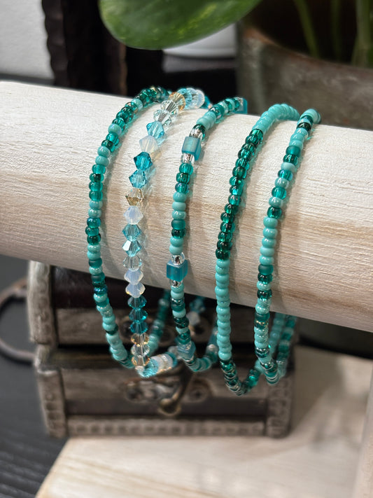 "Cosmic Aqua" - Handmade Seed Bead Stretch Bracelet Set of 5