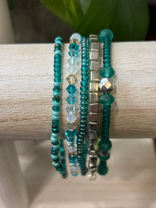"Glass Lagoon" - Handmade Seed Bead Stretch Bracelet Set of 5