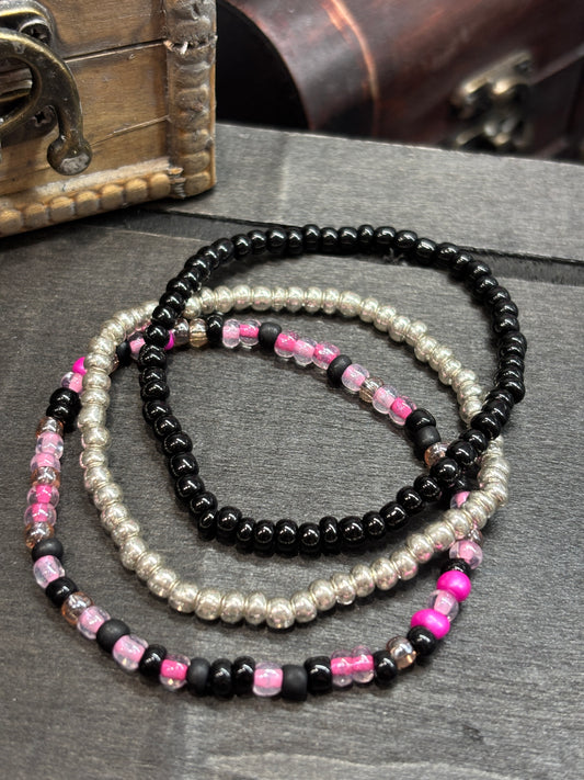"Crush & Chrome" - Handmade Seed Bead Stretch Bracelet Set of 3