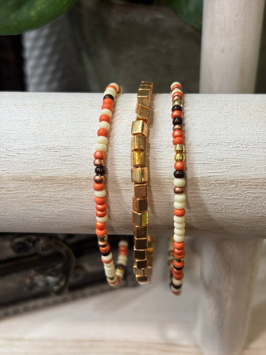 "Guilded Dune" - Handmade Seed Bead Stretch Bracelet Set of 3