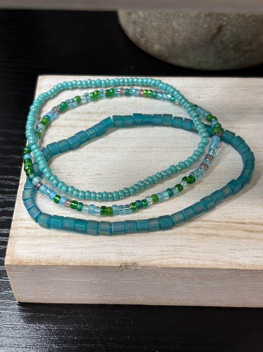 "Verdant Waves" - Handmade Seed Bead Stretch Bracelet Set of 3
