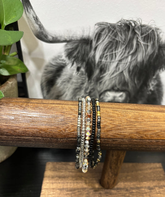 "Night Metal" - Handmade Seed Bead Stretch Bracelet Set of 5