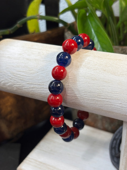 "Red & Blue" - Handmade Glass Beaded Stretch Bracelet